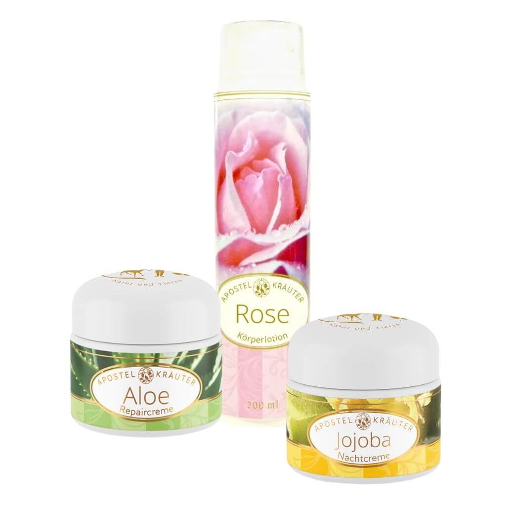Geschenkset bestehend aus Aloe vera Repaircreme, Rosen Körperlotion und Jojoba Nachtcreme