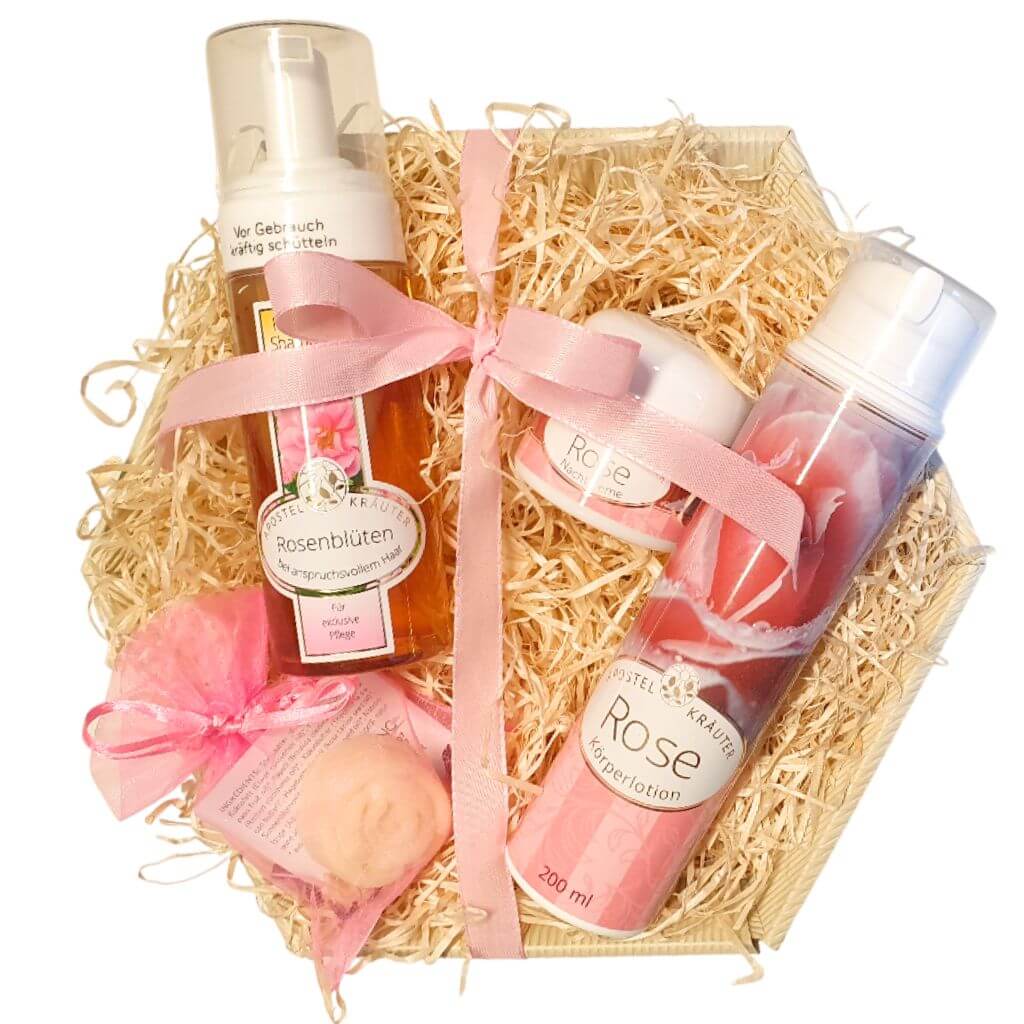 Geschenkkorb bestehend aus Rosen-Seife mini, Dusch-Shampoo Rosenblüten, Rosen Nachtcreme und Rosen Körperlotion