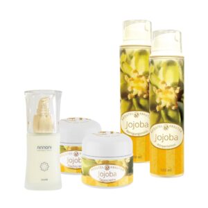 Ausgleichende Jojoba Pflegeserie für Gesicht und Körper inklusive Anti-Aging Augenbalsam im Set