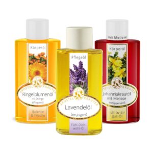 Set bestehend aus jeweils 100ml Johanniskrautöl mit Melisse, Ringelblumenöl mit Orange sowie Lavendelöl