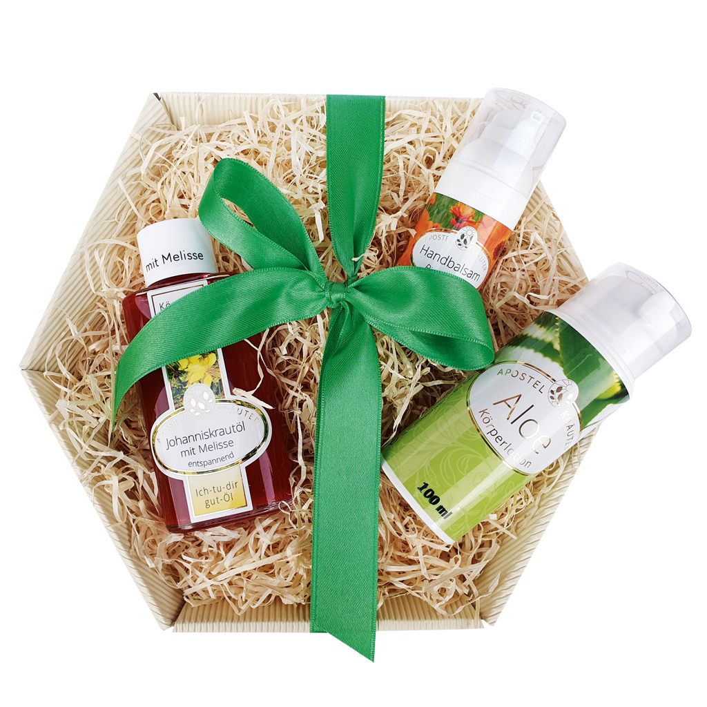 Set bestehend aus Johanniskrautöl Melisse, Ringelblumen Handbalsam und Aloe vera Bodylotion