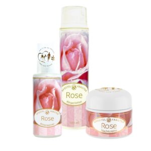 Set bestehend aus Rosen Nachtcreme, Rosen Körperlotion und Rosen Blütenwasser